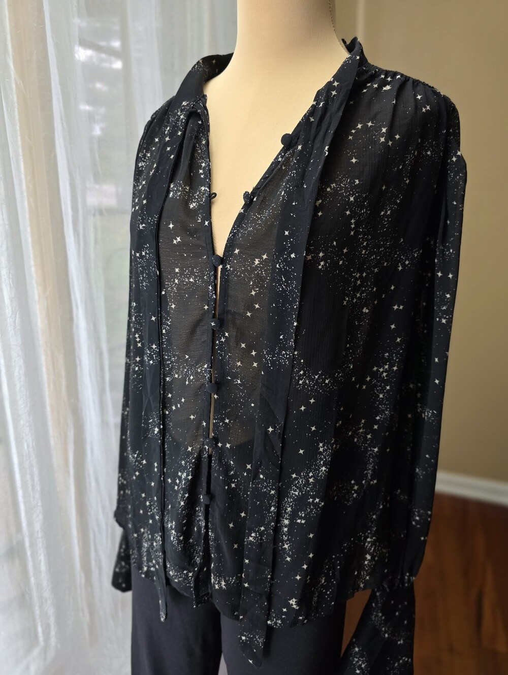 Free People Stars Align Celestial Star Sheer Blouse Small Black Tie Neck Boho